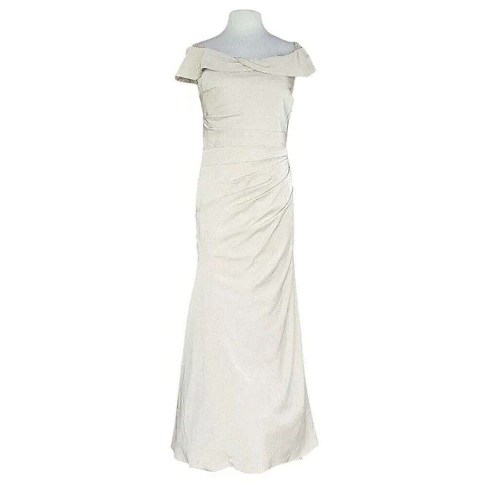 La Femme Off the Shoulder Ruched Satin Trumpet Gown in Champagne Women's Size 8